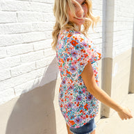 Beautiful You Ivory Floral Print Notch Neck Puff Short Sleeve Top