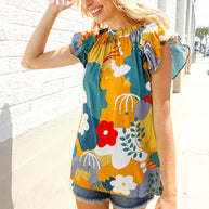 Be Bold Multicolor Abstract Print Flutter Sleeve Mock Neck Top