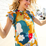 Be Bold Multicolor Abstract Print Flutter Sleeve Mock Neck Top