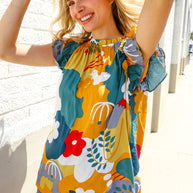 Be Bold Multicolor Abstract Print Flutter Sleeve Mock Neck Top