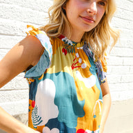 Be Bold Multicolor Abstract Print Flutter Sleeve Mock Neck Top