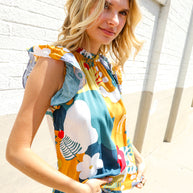 Be Bold Multicolor Abstract Print Flutter Sleeve Mock Neck Top