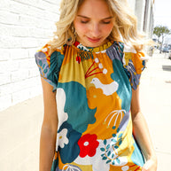 Be Bold Multicolor Abstract Print Flutter Sleeve Mock Neck Top