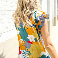 Be Bold Multicolor Abstract Print Flutter Sleeve Mock Neck Top