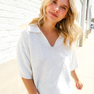 Lock Eyes White Pointelle Collar V Neck Short Sleeve Top