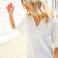 Lock Eyes White Pointelle Collar V Neck Short Sleeve Top