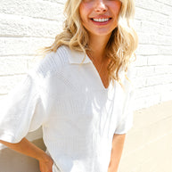 Lock Eyes White Pointelle Collar V Neck Short Sleeve Top