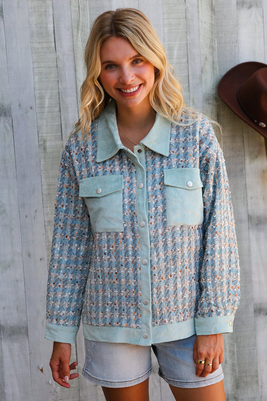 Put Together Turquoise Twill Banded Snap Button Jacket