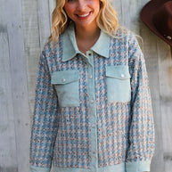 Put Together Turquoise Twill Banded Snap Button Jacket