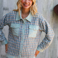 Put Together Turquoise Twill Banded Snap Button Jacket