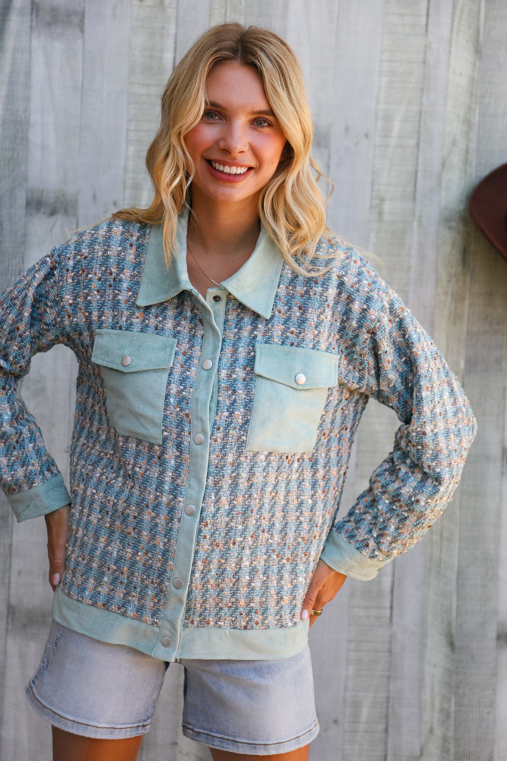 Put Together Turquoise Twill Banded Snap Button Jacket