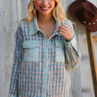 Put Together Turquoise Twill Banded Snap Button Jacket