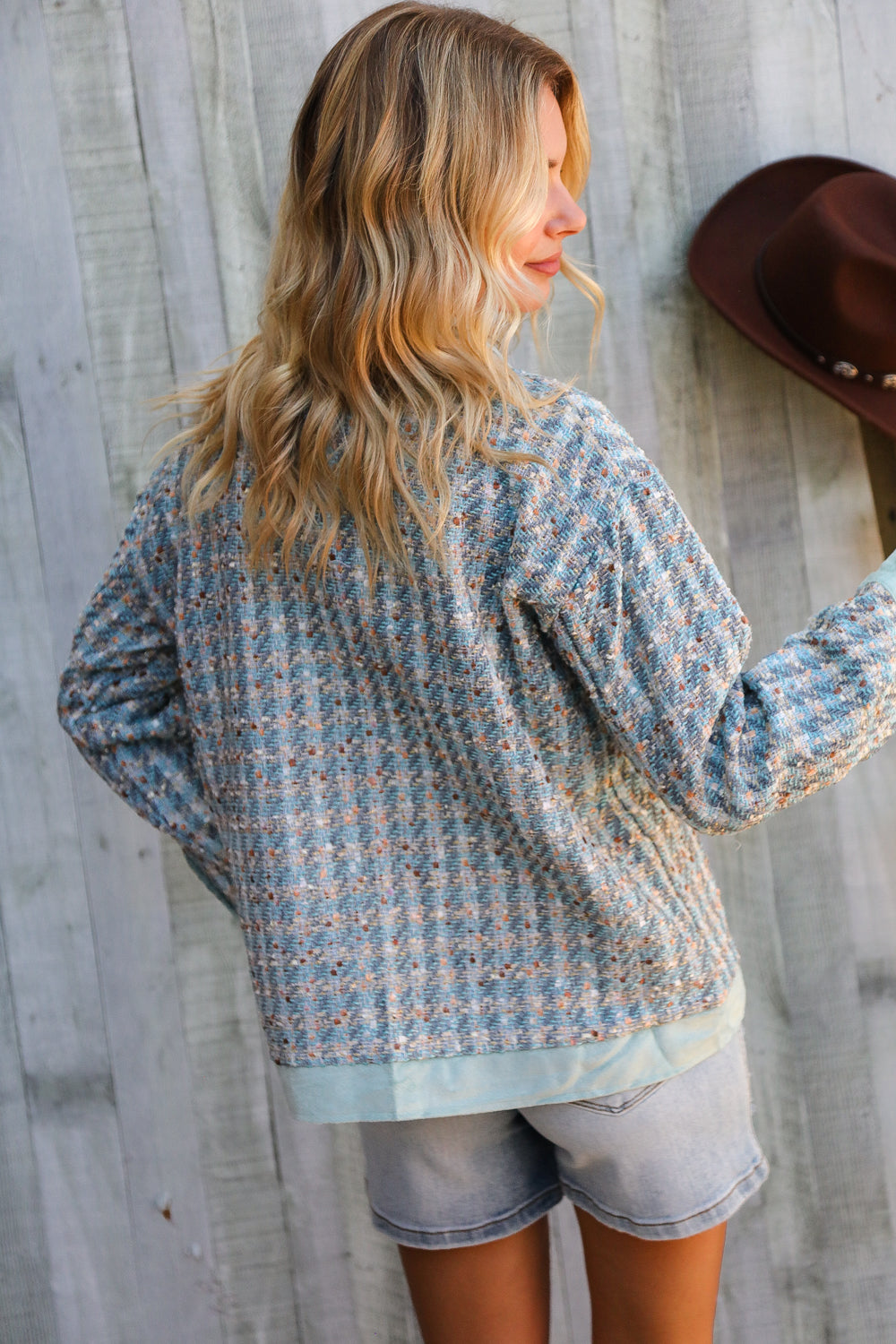 Put Together Turquoise Twill Banded Snap Button Jacket