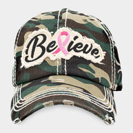 Believe Message Pink Ribbon Accented Vintage Baseball Cap