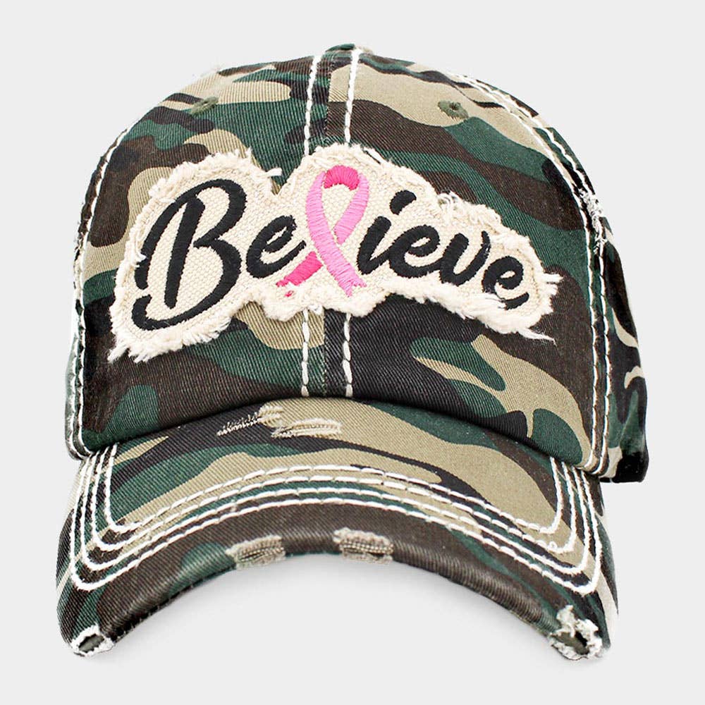 Believe Message Pink Ribbon Accented Vintage Baseball Cap