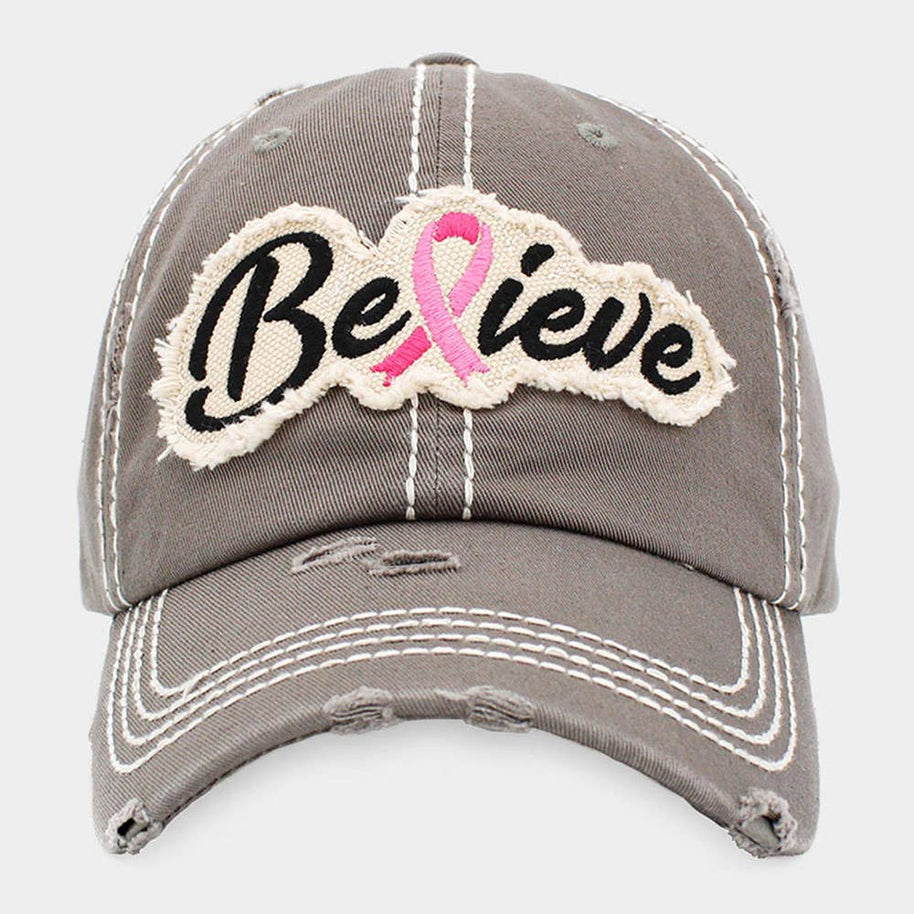 Believe Message Pink Ribbon Accented Vintage Baseball Cap