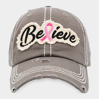 Believe Message Pink Ribbon Accented Vintage Baseball Cap