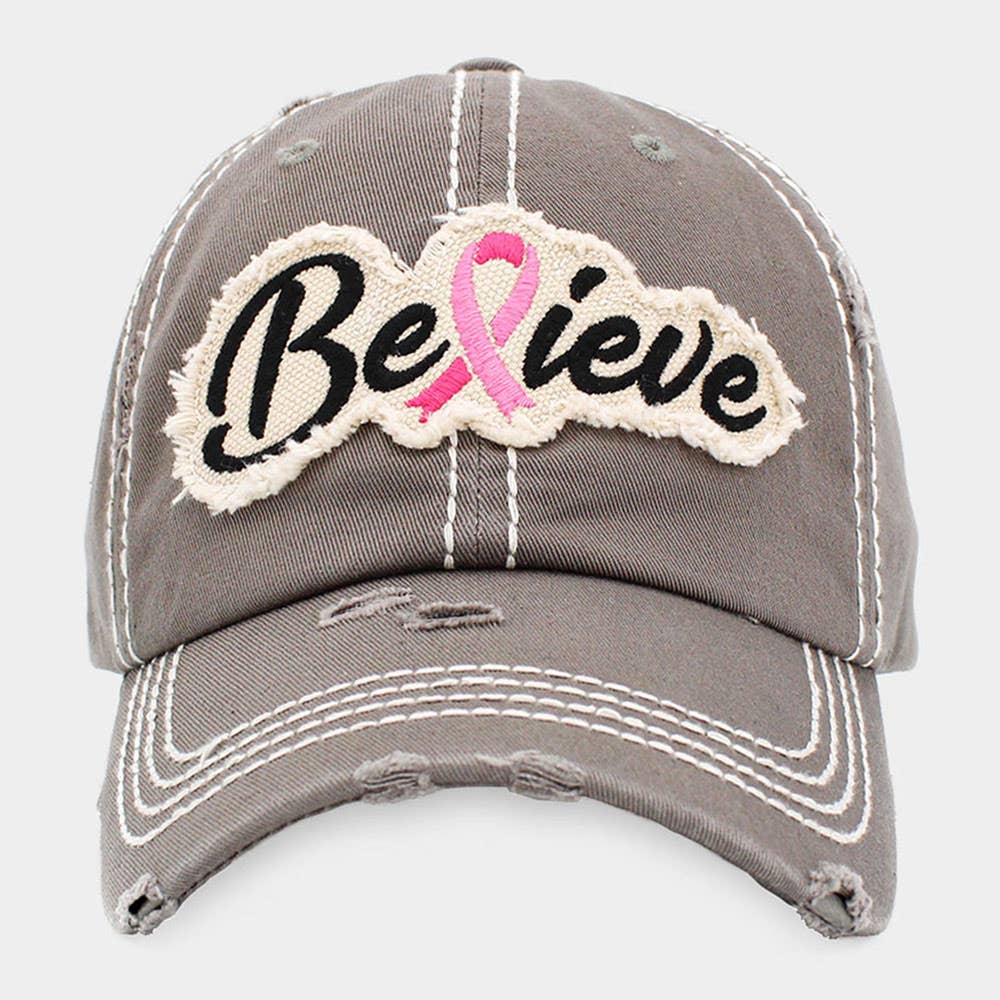Believe Message Pink Ribbon Accented Vintage Baseball Cap