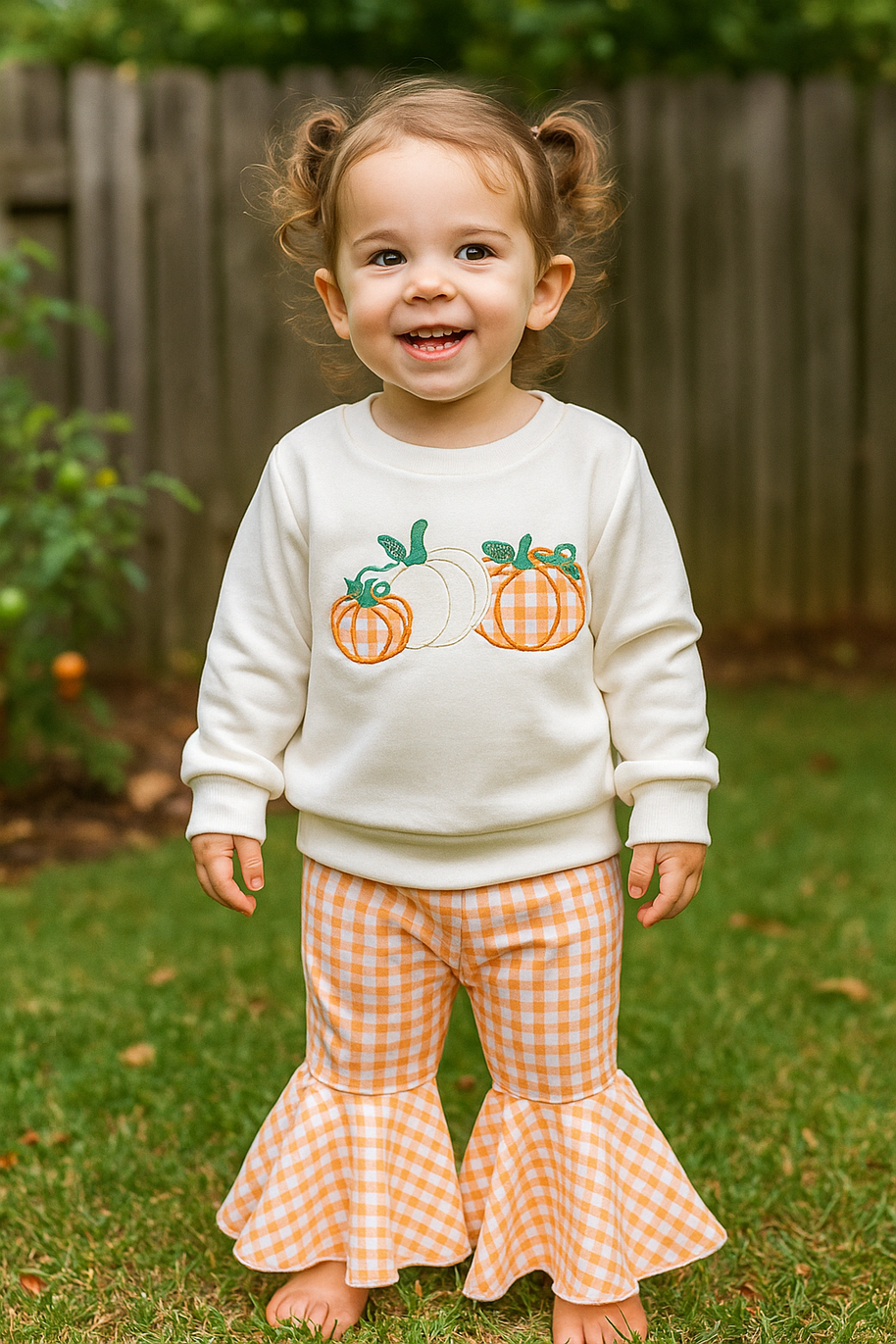 Orange Gingham Embroidered Pumpkin Bell Set