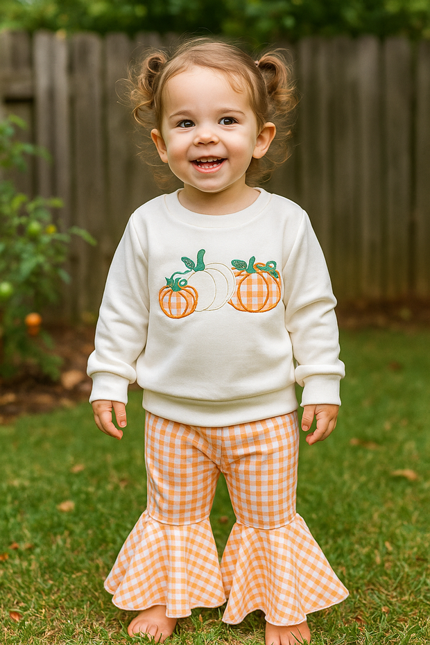 Orange Gingham Embroidered Pumpkin Bell Set