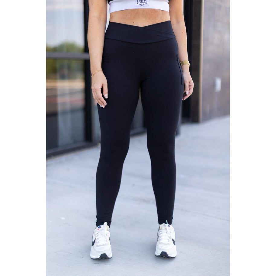 Ready to Ship |  The Stephanie - Crossover BLACK Pocket Full Length Leggings