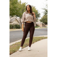High waist brown crossover leggings for women. Buttery soft brown leggings with flattering waistband