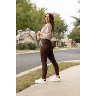 High waist brown crossover leggings for women. Buttery soft brown leggings with flattering waistband