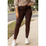 High waist brown crossover leggings for women. Buttery soft brown leggings with flattering waistband