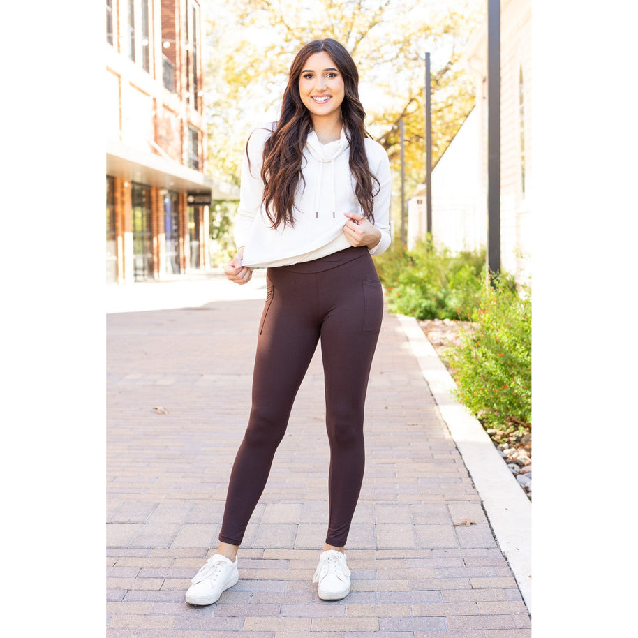 High waist brown crossover leggings for women. Buttery soft brown leggings with flattering waistband