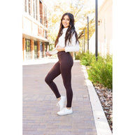 High waist brown crossover leggings for women. Buttery soft brown leggings with flattering waistband