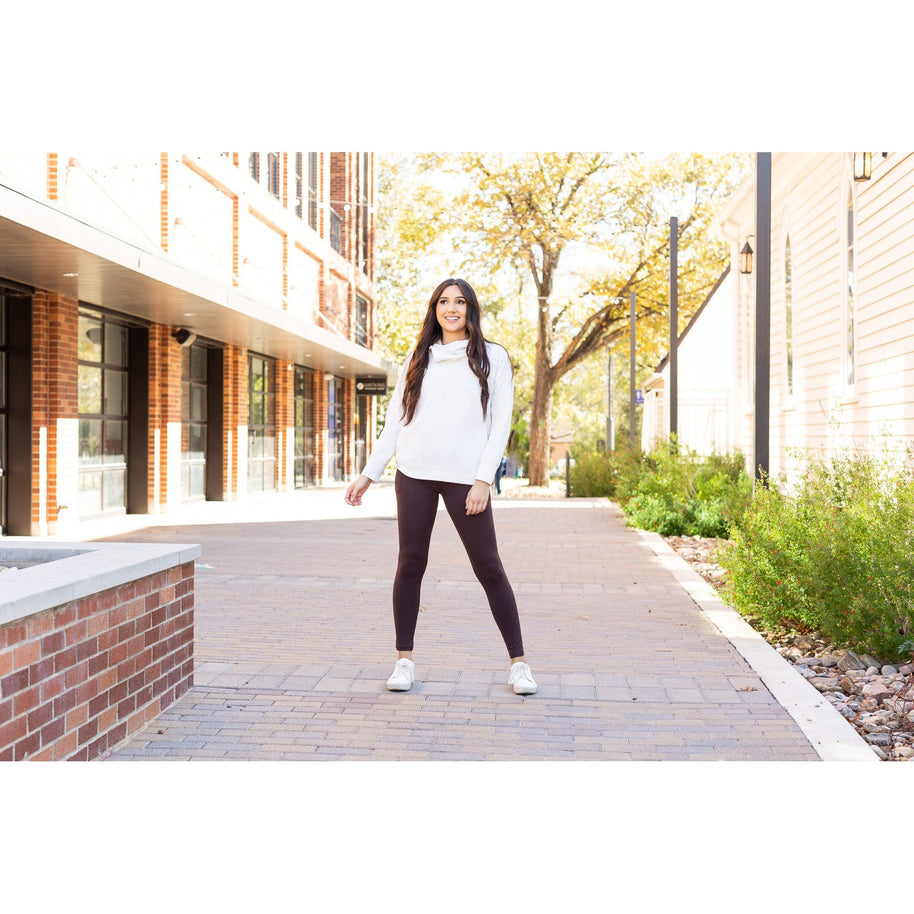 High waist brown crossover leggings for women. Buttery soft brown leggings with flattering waistband