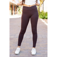 High waist brown crossover leggings for women. Buttery soft brown leggings with flattering waistband