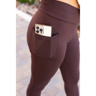 High waist brown crossover leggings for women. Buttery soft brown leggings with flattering waistband