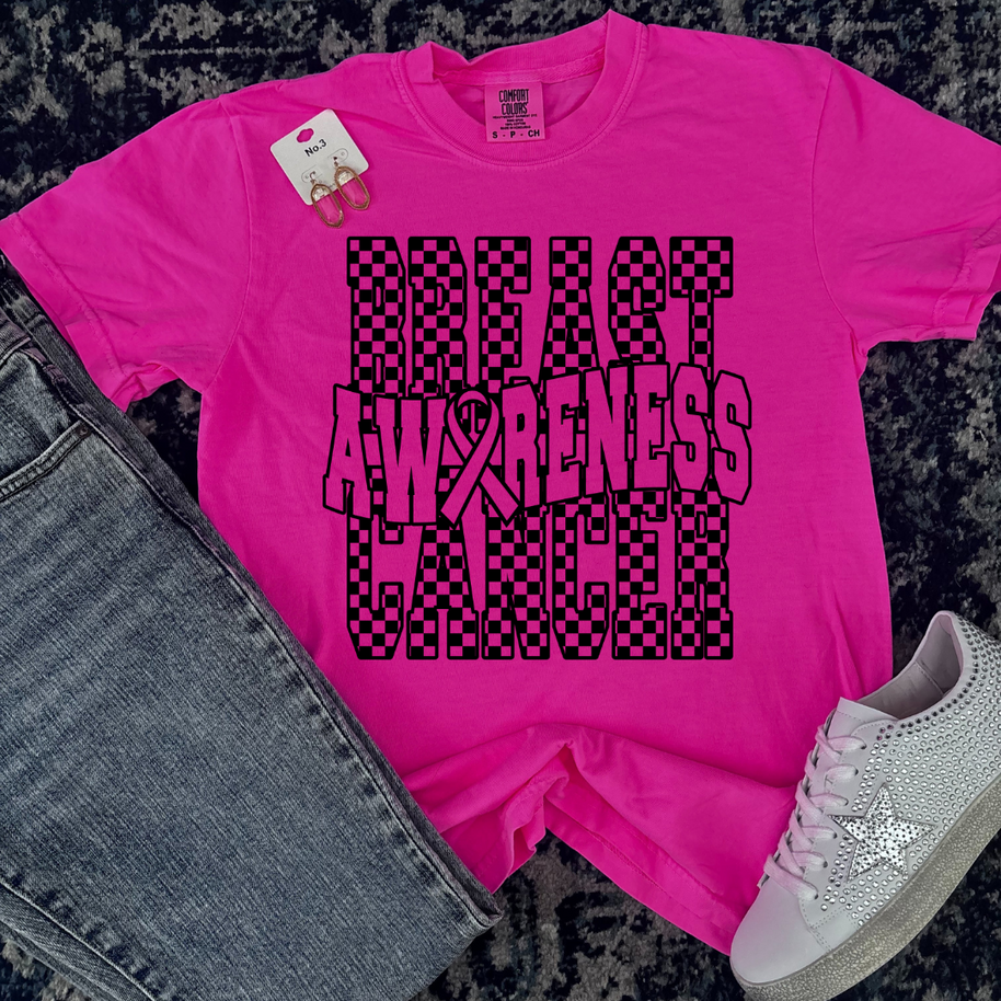 Checkered Neon Breast Cancer  Awareness Graphic Tee