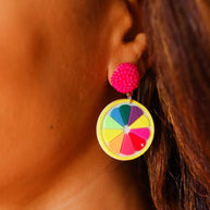 Fuchsia Beaded Stud Multicolor Wood Dangle Earrings