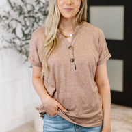 Almost There V-Neck Henley Top In Taupe