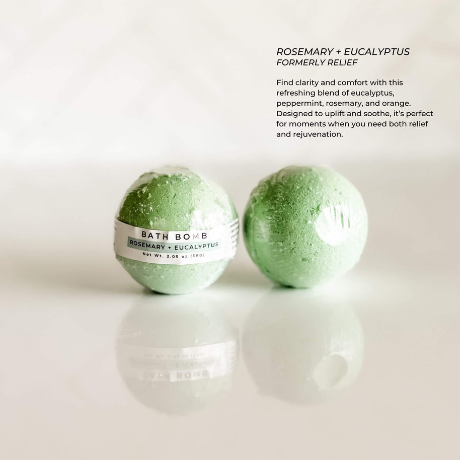 Simply Stated Bath & Body Rosemary + Eucalyptus Bath Bomb, individually wrapped. A soothing and uplifting blend of rosemary and eucalyptus for clarity and rejuvenation.