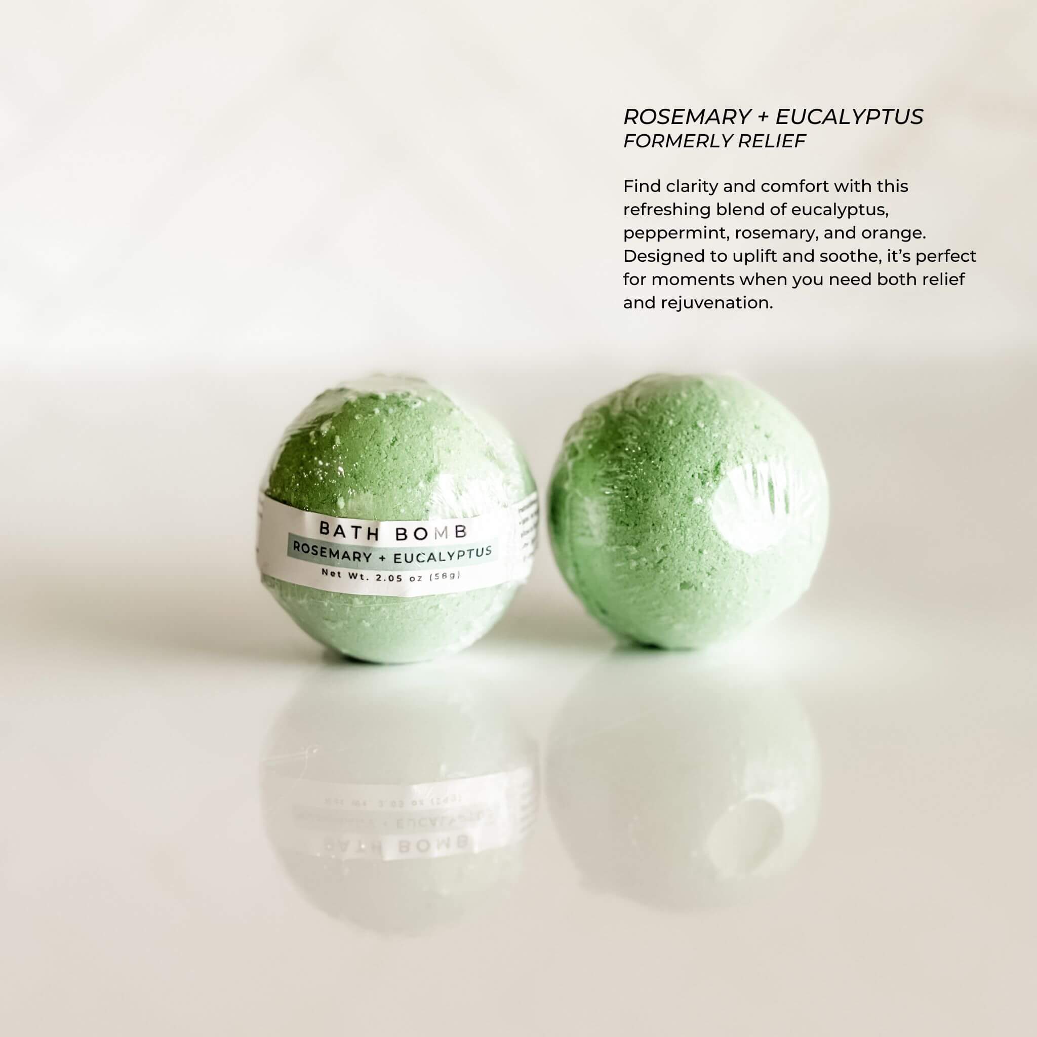 Simply Stated Bath & Body Rosemary + Eucalyptus Bath Bomb, individually wrapped. A soothing and uplifting blend of rosemary and eucalyptus for clarity and rejuvenation.