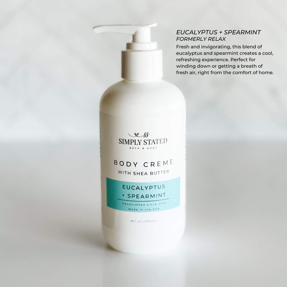 Simply Stated Bath & Body 8oz Aromatherapy Body Creme in Eucalyptus + Spearmint with new pump packaging. Fresh and invigorating, this creme offers a cool, refreshing experience for relaxation or a revitalizing moment.