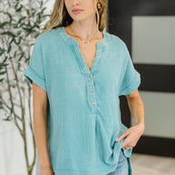 Basic Fade V-Neck Acid Wash Top in Dusty Teal