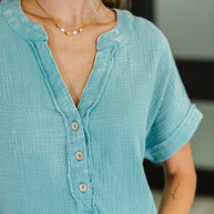 Basic Fade V-Neck Acid Wash Top in Dusty Teal