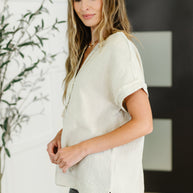 Basic Fade V-Neck Acid Wash Top in Sand Beige