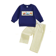 Navy Embroidered Construction Seersucker Pant Set