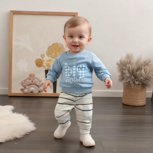 Blue Embroidered Big Brother Gingham Crewneck