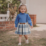 Blue Bubble Sleeve Turtleneck and Plaid Skirt Set