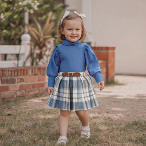 Blue Bubble Sleeve Turtleneck and Plaid Skirt Set