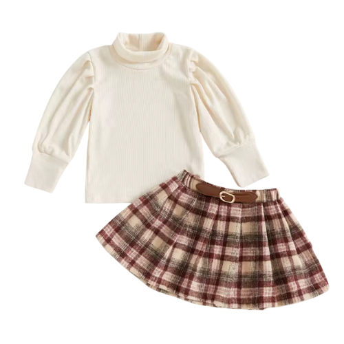 Cream Bubble Sleeve Turtleneck and Plaid Skirt Set