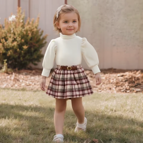 Cream Bubble Sleeve Turtleneck and Plaid Skirt Set