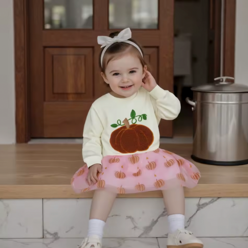 Cream Embroidered Pumpkin Crewneck Tutu Set