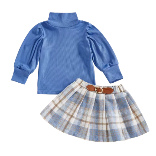 Blue Bubble Sleeve Turtleneck and Plaid Skirt Set